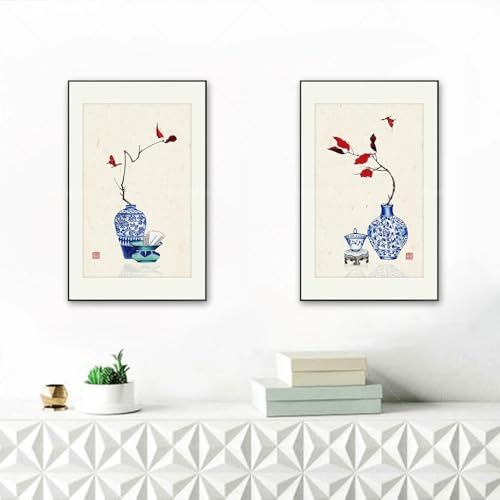Peinture chinoise bleu et blanc grand format pour décoration salon zen affiche vase Ming