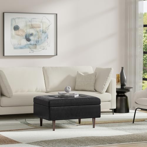 SIMPLIHOME Shay 34 inch Wide Mid Century Modern Small Rectangle Coffee Table Storage Ottoman in Distressed Black Vegan Faux Leather, Assembled, for The Living Room, Entryway and Family Room