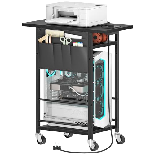 HOOBRO 3-Tier Mobile Computer Tower Stand with Power Outlet Height Adjustable PC Stand PC Holder Computer Tower Cart with Fabric Pockets for Home Office Under Desk Black EBK36KZJ01
