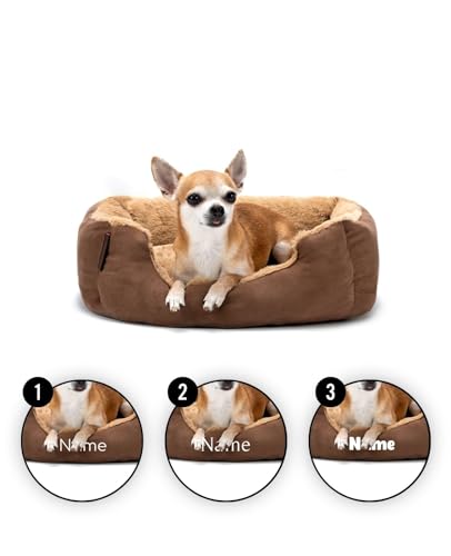 lionto Hundebett mit Wendekissen und Rutschfester Unterseite, Heimtierkissen mit tiefem Einstieg für Hunde und Katzen jeden Alters, 50x37 cm, kuscheliges Hundekissen, braun/beige (Namensaufdruck)
