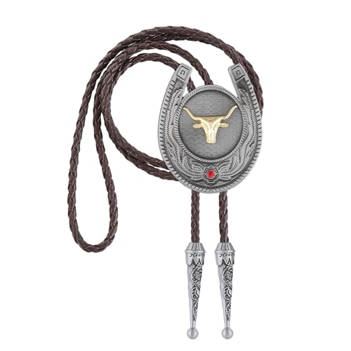 Image of Jeilwiy Bolo Tie for Men, Western Cowboy Golden Longhorn Bull Eagle Horse Cowboy Hat Bolo Necklace Leather Necktie for Women