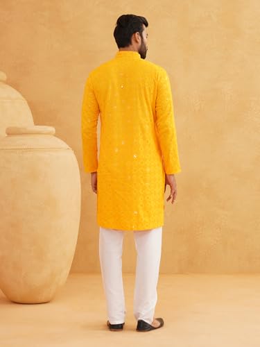 Image of SOJANYA (Since 1958 Men's Cotton Embroidered Sequinned Kurta with white Churidaar Pyjama
