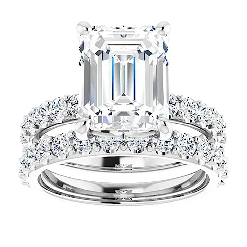 10K Solid White Gold Handmade Engagement Ring 3.50 CT Emerald Cut Moissanite Diamond Solitaire Wedding/Bridal Ring Set for Women, Lovely Ring Gift for Wife2