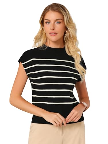 Women's Cap Sleeve Sweater Vest Mock Neck Striped Print Casual Ribbed Knit Pullover Tops