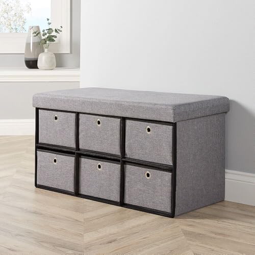 Home Source Folding Ottoman 6 Drawer Fabric Storage Chest, Grey, 76cm