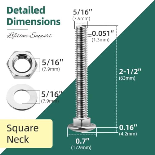 Image of (10 Sets) 5 /16-18 x 2-1 /2 Carriage Bolts with Nuts and Washers, 304 Stainless Steel Round Head Square Neck 5 /16 Carriage Bolts Screws, Full Thread for Outdoor