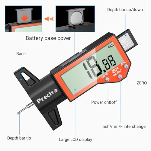 Image of Preciva Tire Tread Depth Gauge, Digital Tire Depth Gauge with Large LCD Display and Inches, Millimeters, Fraction Conversion, Tread Depth Gauge Suitable for Thread Depth, Brake Shoe and Pad Wear