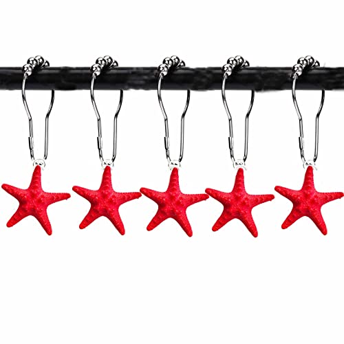 YYC 12 Stück DIY Harz Seestern Duschvorhang Ringe Rostfrei Dekorative Duschvorhang Haken für Badezimmer (Rot) Cover