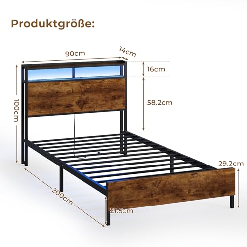 DICTAC Bett 90x200cm mit LED Beleuchtung, Metallbett mit Steckdose und USB-Ladefunktion, Bettgestell 90x200 Einzelbett mit Holzkopfteil Stauraum, Bettrahmen mit Lattenrost und Stauraum unter dem Bett