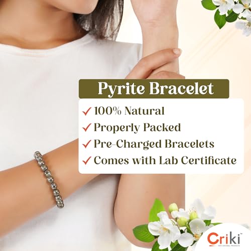 CRIKI Raw Pyrite Bracelet Original Certified for Men and Women, Money Magnet, Pyrite Crystal, Dhan Yog, Stone for Money, Wealth, Manifestation, Meditation, and Reiki Healing - 8MM
