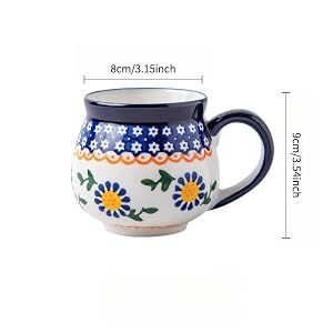 Hand-Painted Polish Pottery Coffee Mugs, 14 oz, Set of 2 | Personalized Big Belly Cup, Blue and White Floral Hearts Design