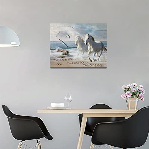 Rustic White Horse Wall Art Coastal Beach Running Horse Pictures Wall Decor Seagull Canvas Prints Wild Animals Painting Framed Modern Artwork For Girl Bathroom Kitchen Dining Room Office 16"X12" #TOP3