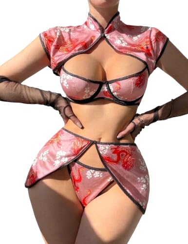 Image of Alrovetoney Sexy Lingerie Fantasy Costume Sexy Series Printed Cut-Out Slit Women's Costume Red S-XXL