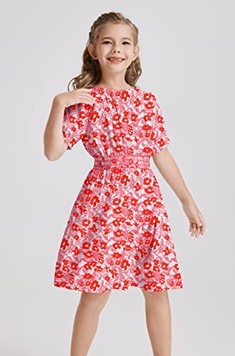 Tiny Sugar Girls Smocked Waist Soft Viscose Midi Dress Elastic Crewneck Casual Playwear Skater Dress With Pockets Red Floral Ss-8Y #TOP4