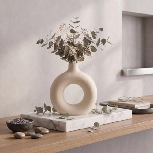 Image of Modern White Ceramic Donut Vase Decorative Flower Vase for Home Decor 5 inch