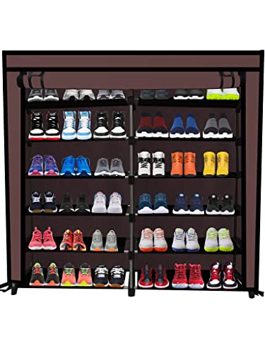 Image of Multi Utility 12 Layer Shelf Collapsible Metal Pipes with Non-Woven 100GSM Fabric Cover for Shoe /Cloth /Toy /Books Rack (Brown, Metal)