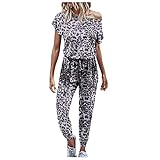HolAngela Jumpsuit Damen U-Ausschnitt Kurzarm Lange Hose Mode Leopardenmuster Overall Jumpsuit Sommerhose Baggy Casual Weites Bein Playsuit