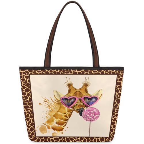 Watercolor Giraffe Leopard Tote Bag Multi Pocket Zippered Beach Bag Lightweight Waterproof Handbag for Women Men Work Gym Travel Swimming Yoga Grocery Shopping M