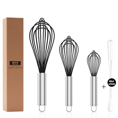 Image of OYV Silicone Whisk,3 pack Professional whisks for cooking non scratch,Stainless Steel & Silicone wisk,plastic rubber whisk for nonstick cookware,small silicone whisk set,black