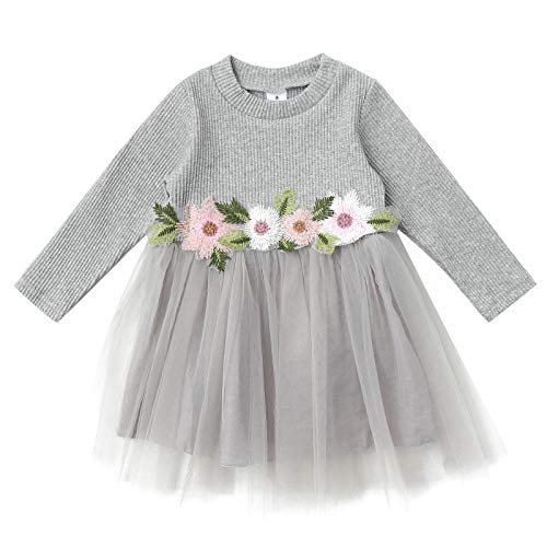 YOOJIA Toddler Kids Baby Girls Jersey Dress Long Sleeve Knitted Floral Tulle Cap Tutu Dress Grey 2-3