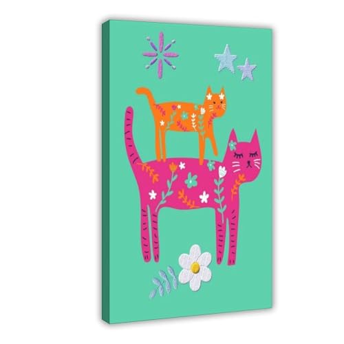 Poster Folk Art Cats ludique en toile de qualité pour décoration murale