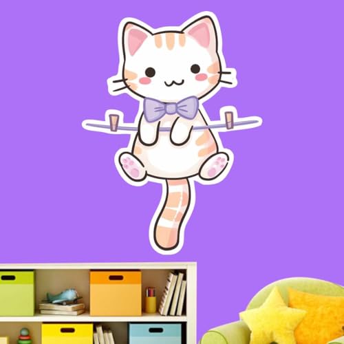 Image of Cute Sitting Cat Wall Sticker | Cartoon Kitten Self Adhesive Wall Decal for Ki-ds Room, Nursery, Bedroom & Playroom Decoration