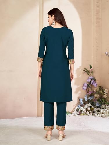 Image of Pratham Blue Kurta Set for Women Silk Embroidered Straight Kurta Set for Women with Pant