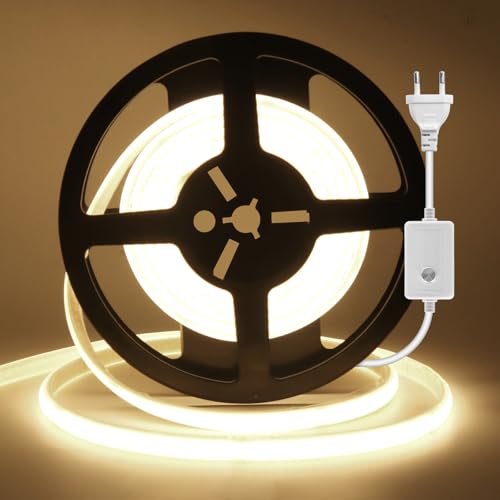 KISUFU Striscia LED COB dimmerabile 220V, 240 LED/m Striscia LED flessibile COB Neon, IP65 Impermeabile Nastro biadesivo Striscia luminosa tagliabile per camera da letto, soffitto