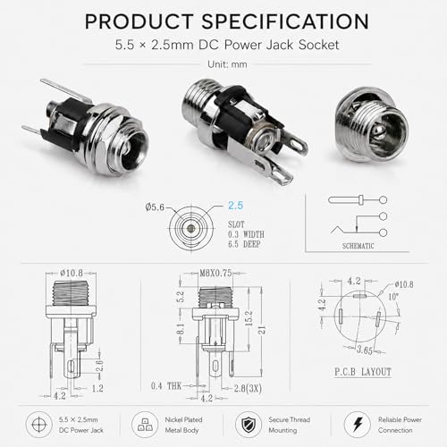 Conector de Jack de Alimentación DC 2.5mm, Pack 10 Pzas miniatura 2