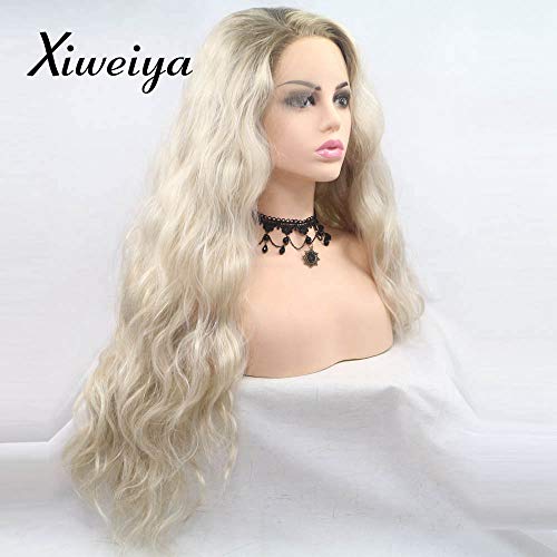 Xiweiya Long ombre Blonde curly Wig with brown root Long wavy Wig Synthetic Lace Front Wigs Long blonde middle part wig Soft Wig Heat Resistant Fiber Hair Replacement Wig for Women Drag Queen 24 Inch… - Image 2
