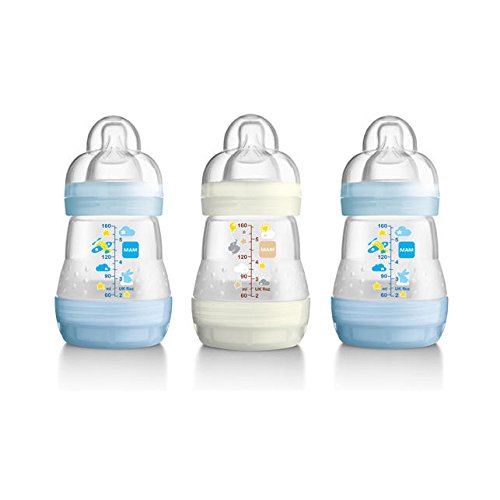 MAM Easy Start Anti-Colic Baby Bottles | 3 Pack (3 x 160ml) | Self-Sterilising Baby Milk Bottle | Slow Flow MAM Teats Size 1 | Newborn Essentials | Blue (Various Designs)