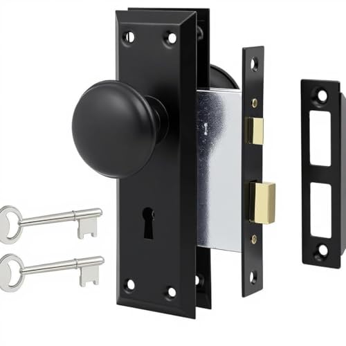 Ruigrit Vintage Mortise Lock Set for Interior Doors Antique Door Knobs with Heavy Duty Rustproof Zinc Alloy & Skeleton Key Fits 1-3/8 to 1-3/4 Entryway Replacement Matte Black