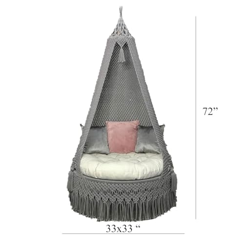 Image of Macrame Hanging Chair Swing with Cushion | Handmade Boho Hammock Chair for Adults & Kids | Indoor Outdoor for Balcony, Living Room, Bedroom, Patio & Garden (Grey)