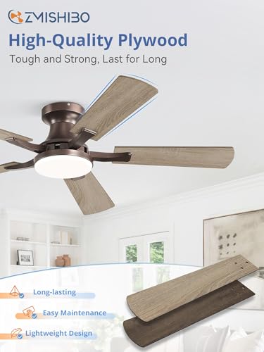 Image of ZMISHIBO 42 Inch Ceiling Fan with Light, App&Remote Control, Flush Mount Low Profile, Dimmable 20W LED Light, Quiet Reversible Motor for Bedroom, Living Room, Apartment, Brown