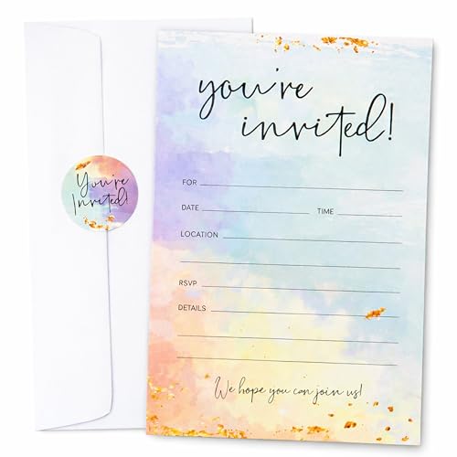 Paper 'n Such Blank Party Birthday Invitations With Envelopes For All Occasions, Set of 25 - Weddings, Bridal Showers, Engagement, Graduation, Fill In Colorful Watercolor Invites -Kids or Adults