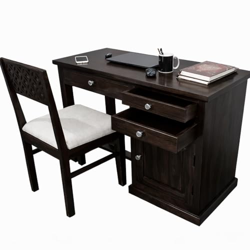 Image of Sheesham Wood Study Table for Bedroom 2 Drawer,1 Storage Cabinet with Keyboard Trey with Flora Chair with Matte Finished (Dark Walnut)