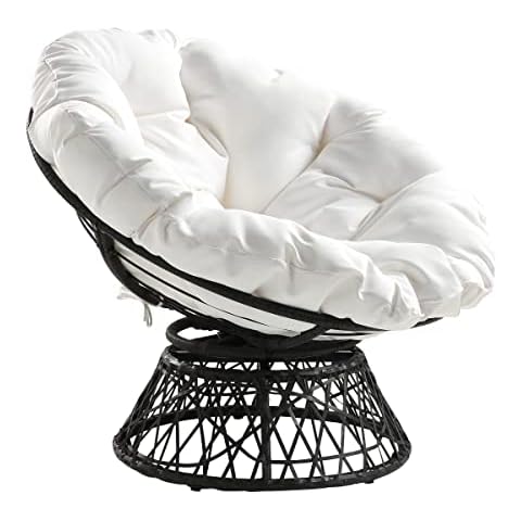 OSP Home Furnishings Wicker Papasan Chair with 360-Degree Swivel, Grey Frame with White Cushion Cover