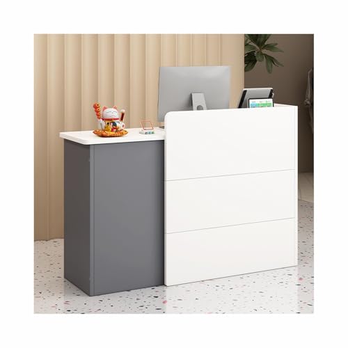 Mesa de recepción con cajoneras y cables, moderno escritorio de recepción para oficina y salón, elegante mesa frontal de madera gris para computadora de 31.5 pulgadas