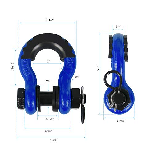 Ambull Shackles 3/4 Inch D Ring Shackle (2 Pack) 45,000Lb Break Strength With 7/8 Inch Pin, Isolator And Washer Kits For Use With Tow Strap, Winch, Off-Road Jeep Truck Vehicle Recovery, Blue #TOP2