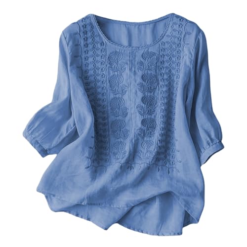 Blusa de lino para mujer, estilo retro, de algodón, de lino, holgada, floral, vintage, bordada, con cuello en V, cuello en V, talla grande, elegante, Azul #1, L