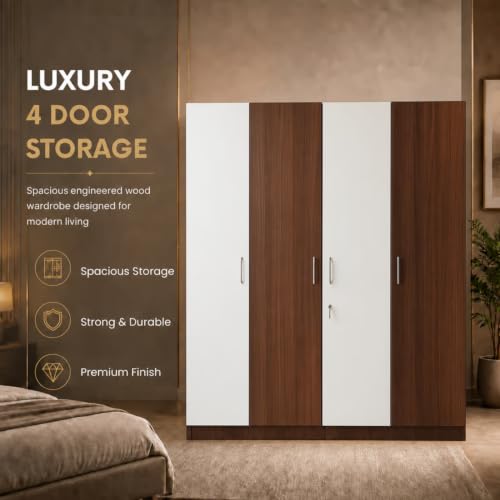 Image of GRATUS 4 Door Wardrobe - Modern Engineered Wood Cupboard Without Drawer for Clothes Storage, Spacious Bedroom Organizer - 180 x 145 x 45 cm Classic White