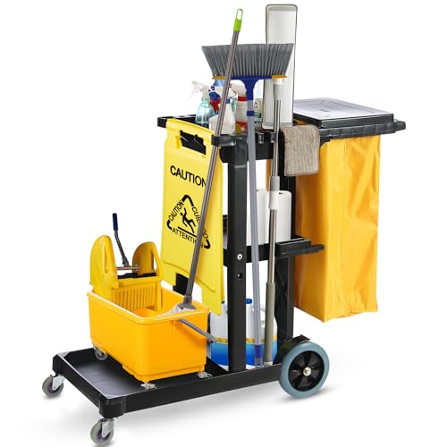 Houseables Cleaning Cart, Janitorial Cart, Cleaning Caddy with Wheels, for Housekeeping, Janitor, Custodian, House Keeping, Maintenance, Rolling Supply Organizer, Custodial, Maid, Commercial, 440 LB