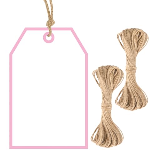 G2PLUS Gift Tags with String 100PCS: White Blank Gift Wrapping Tag 3.3x2.2 in Pink Paper for Birthday Wedding Baby Bridal Shower DIY Craft