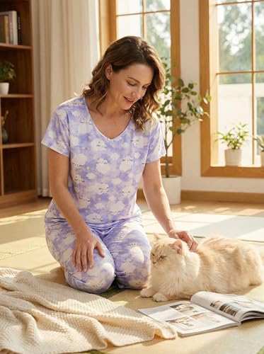 Image of CHUNG Women Cotton Pajama Sets Sleepwear pjs Short Sleeve Shirt Capri Length Crop Pants Cute Vivid Print