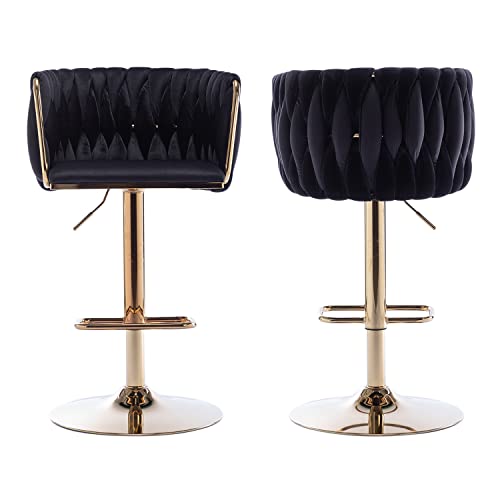 Kiztir Velvet Swivel Bar Stools Set of 2, Adjustable Counter Height Bar Chairs with Woven Back & Footrest, Luxury Gold Bar Stools for Kitchen Island, Cafe, Pub (Black)