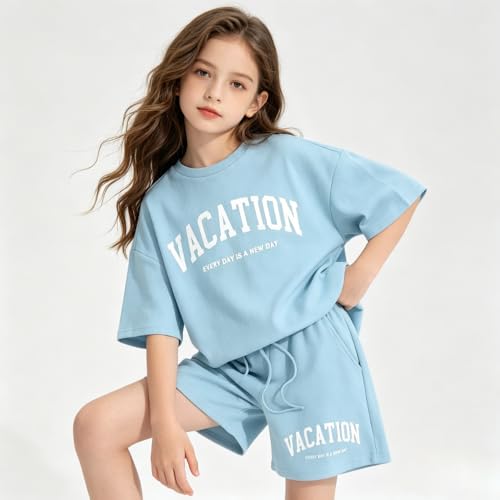 Image of Size 6-12 Years Girl's Tracksuit Sets 2 Piece Outfits Letter Print Vacation Tee Top and Drawstring Waist Shorts
