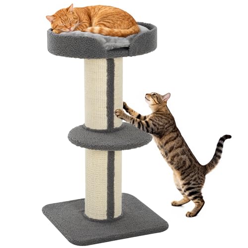 PawHut Tiragraffi ad Albero per Gatti con Cuccia, Cuscino e Morbido Rivestimento Grigio, Pali in Corda Sisal Ø16.5 cm, Altezza 91cm
