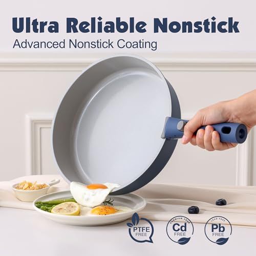 Image of SENSARTE 17 Piece Ceramic Pots and Pans Set, Nonstick Detachable Handle Cookware, Induction Kitchen Cookware Set with Removable Handle, Dishwasher & Oven Safe (Navy)