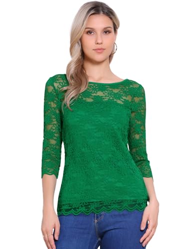 Allegra K Lace Tops for Women Dressy 3/4 Sleeve Crew Neck Sheer Blouse
