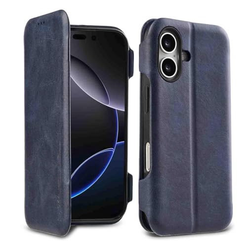 Image of PULOKA - Sleek Flip Case- Compatible for iPhone 16 Plus- Premium Vegan Leather Phone Cover with Card Slot - Slim, Durable, Privacy Protection - Kickstand Function - Elegant Flip Wallet Cases- (Blue)